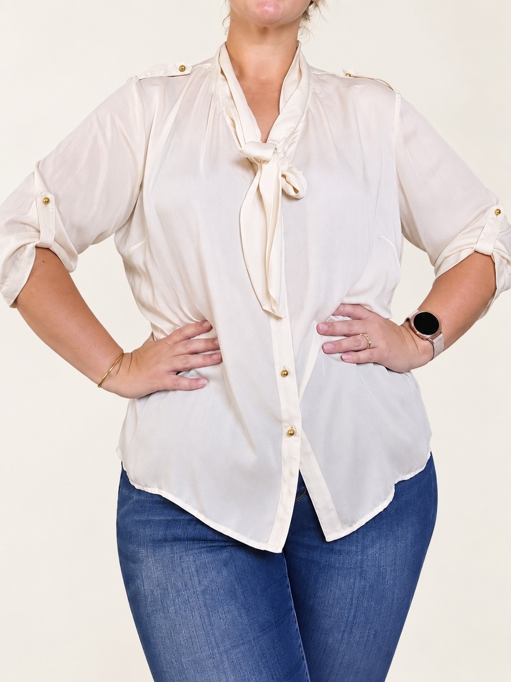 Daisy Fuentes Cream Tie-Neck Blouse with Gold Buttons